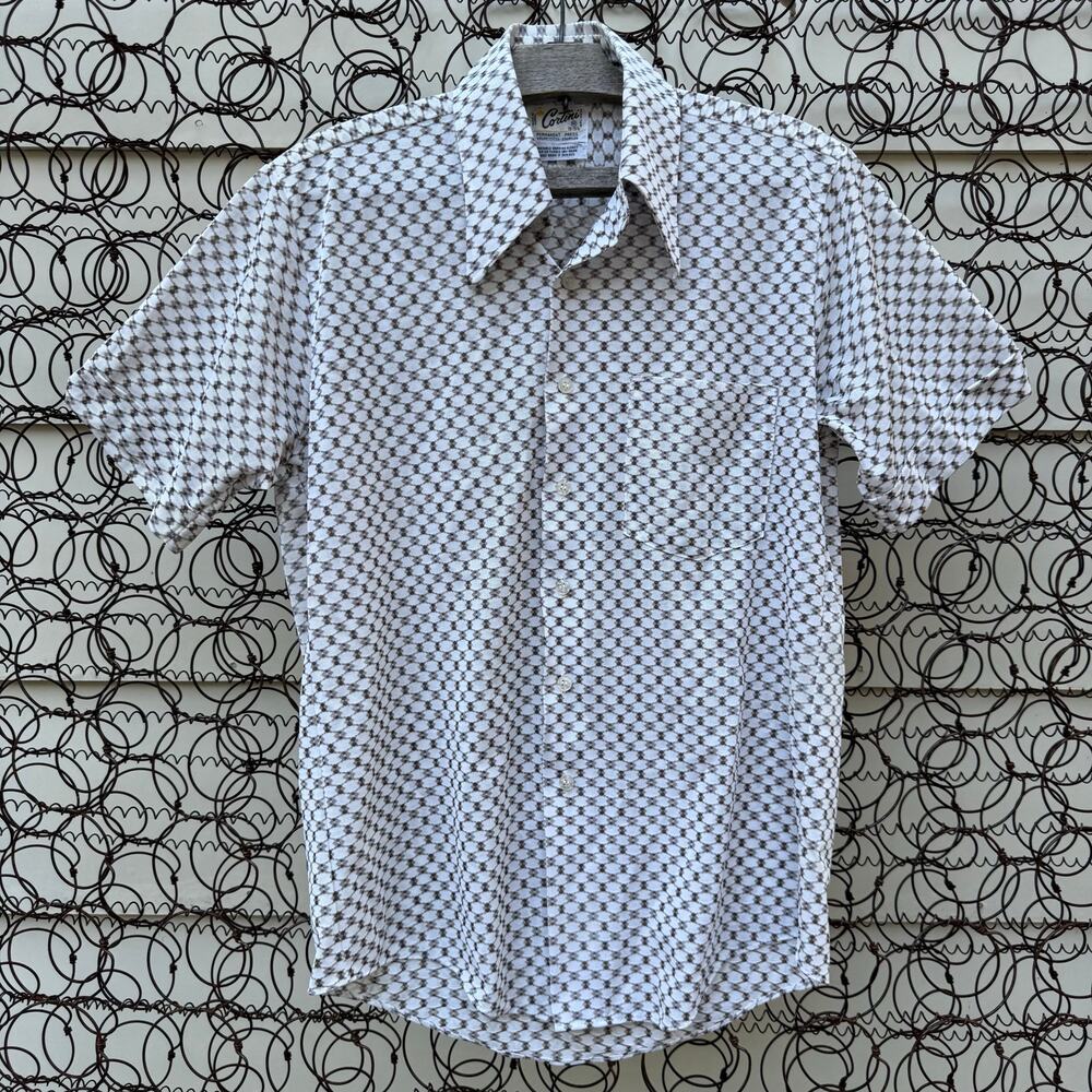70s Cortini Shirts PermaPress Mod Short Sleeve Brown White Geometric M 15-15.5